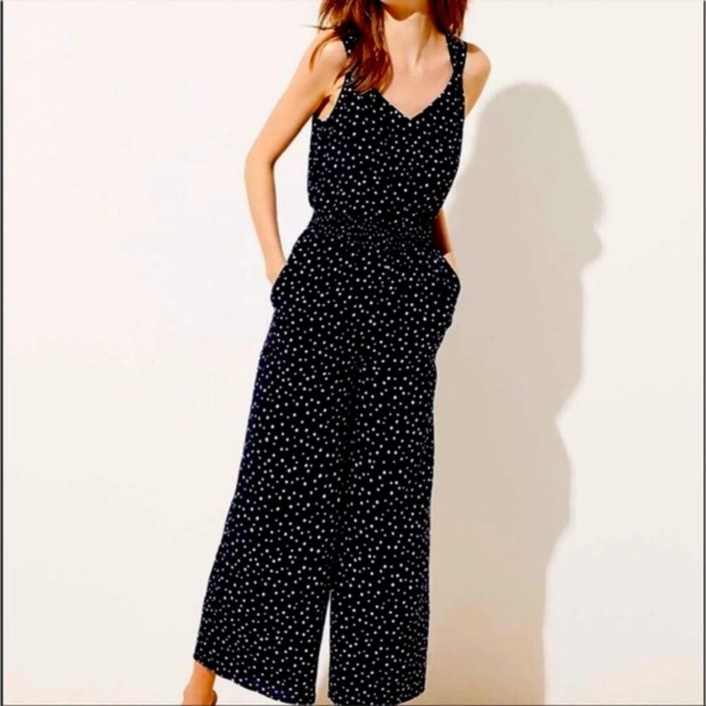 LOFT | Blue Polka-dot Ankle Crop Jumpsuit with Pockets